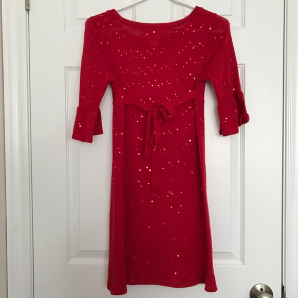 Bloome de jeune fille Red Round Neck Sequin Ruffle Half Sleeve Dress Midi - Picture 6 of 9